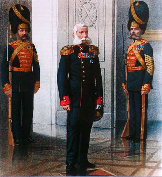 ����-������ � ��������� ���� ��������� �������� � ������������ � �������� ������
The staff officer and grenadiers of Company of palace grenadiers in the ordinary and full dresses