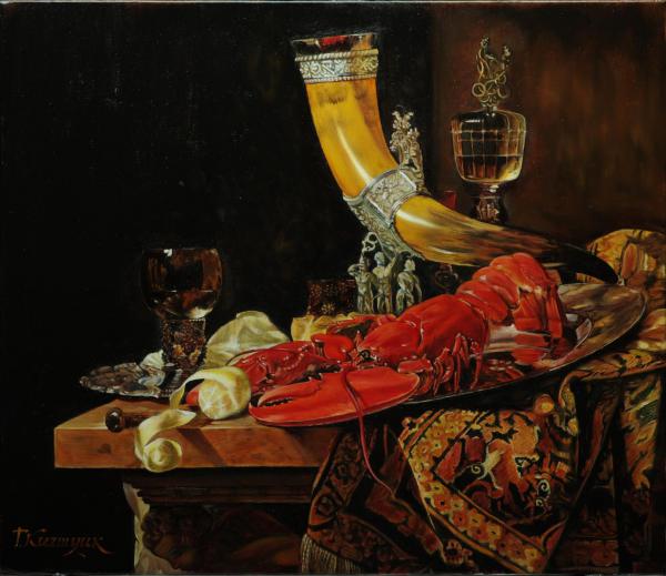 �.�.�������. ��������� � ������, ����� ��. ����������
Stile life with the lobster, the horn of St Sebastian by Taras I. Kuzmuk