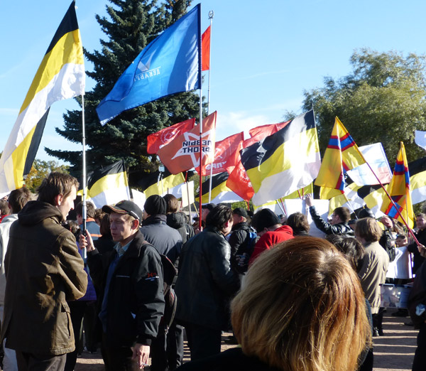 ������ � ������ ����������. �� ���� ����������� ������
meeting in protection of Petersburg. On background of many-coloured flags