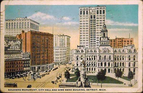 �������� ��������� ��������, ������ � ������ ����� ����, �������
Postal card �Soldiers monument, city hall and Dime bank building, Detroit, Mich.�