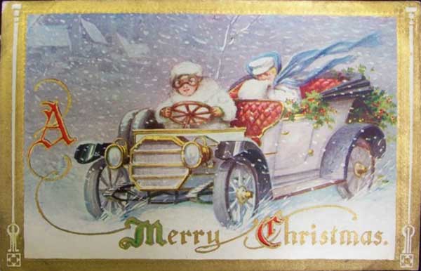 ��������. ���������� � ����� ������� �� ����������
Postal card. Santa Claus on car